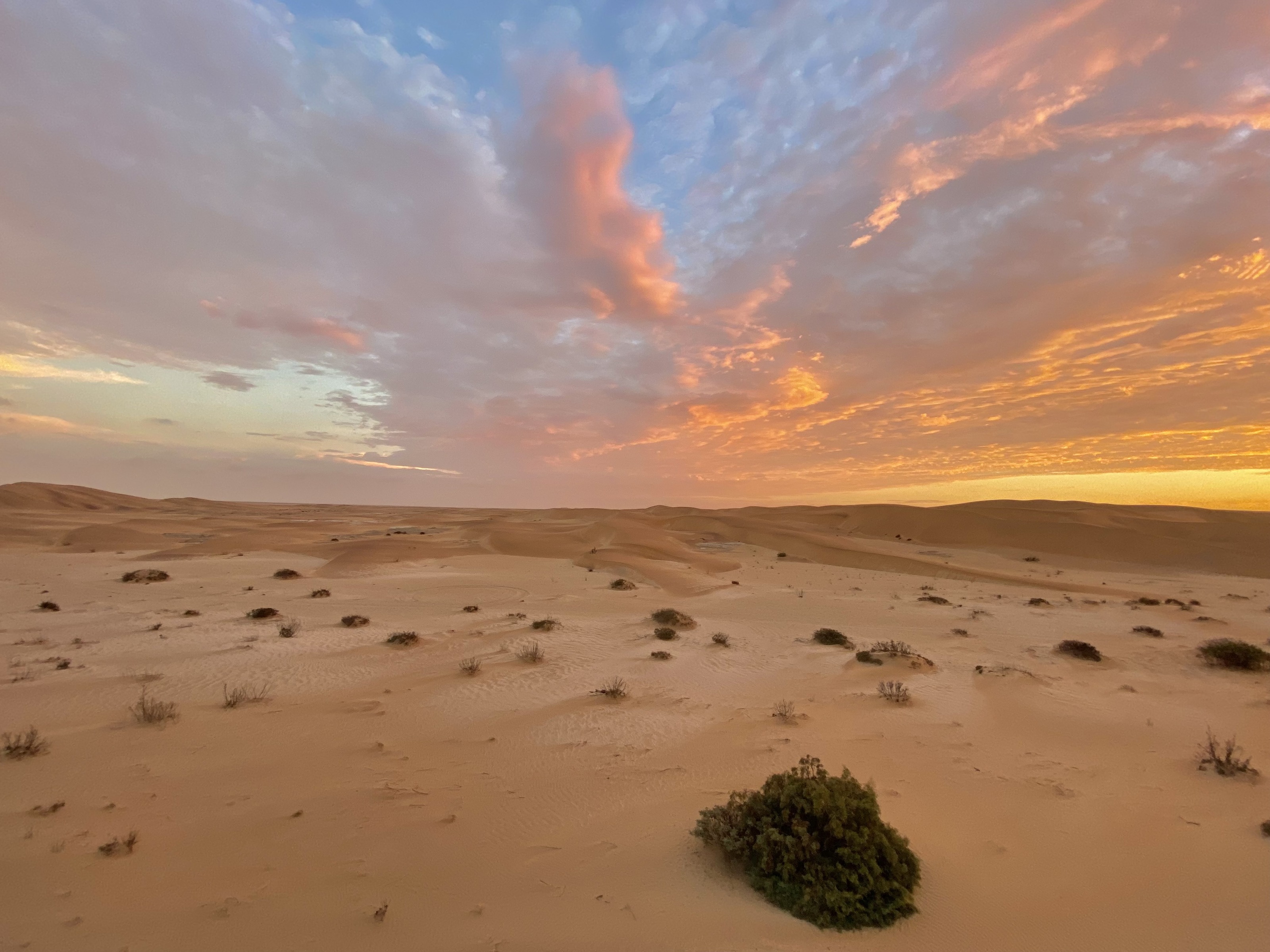 Namib dunes beneath a colourful sunset sky