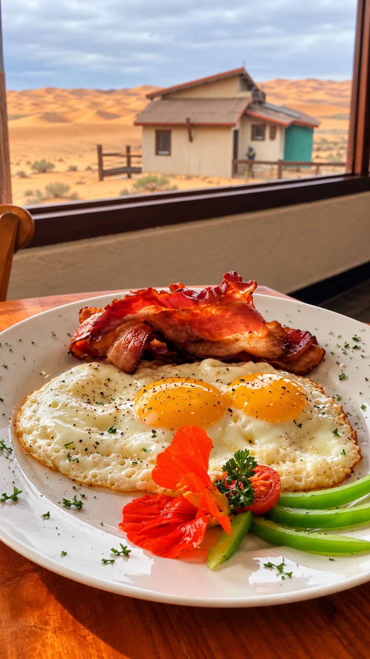 Eggs and bacon breakfast with a view of the Namib dunes