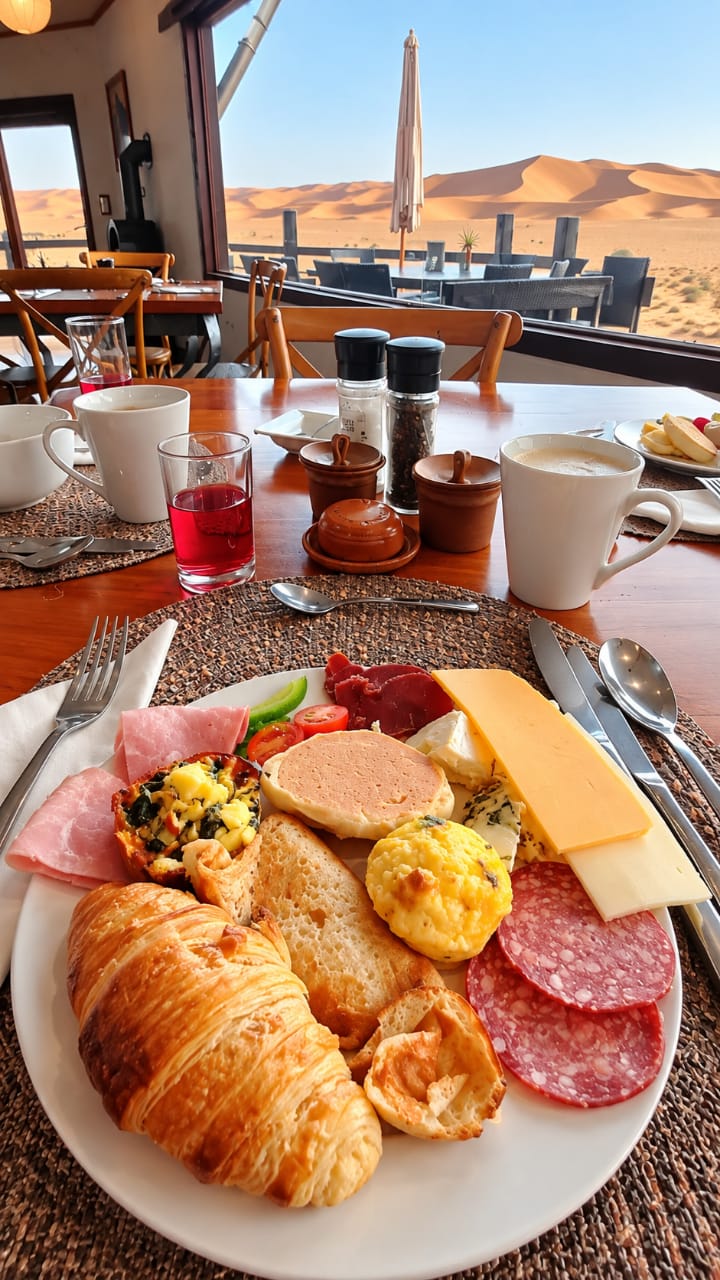 Croissant, cheese and cold meats served beside a dune view