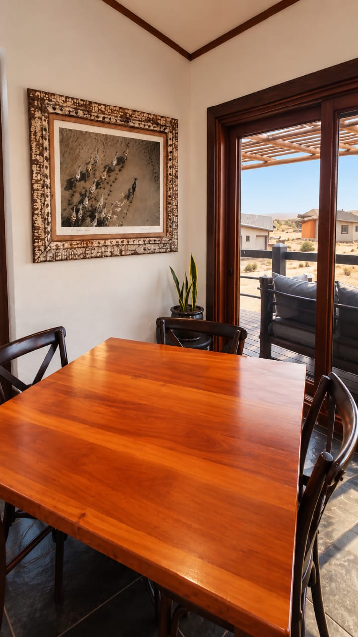 Dining table beside a window overlooking the Namib dunes