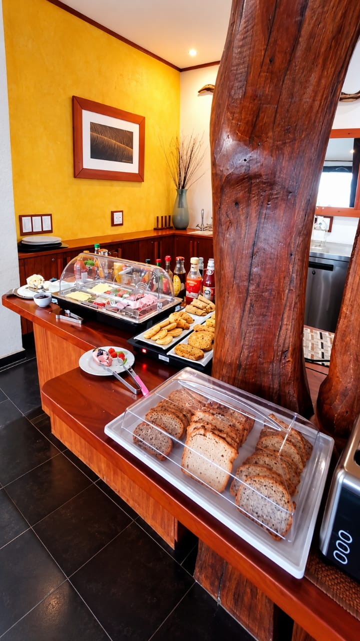 Breakfast buffet with pastries and fresh produce