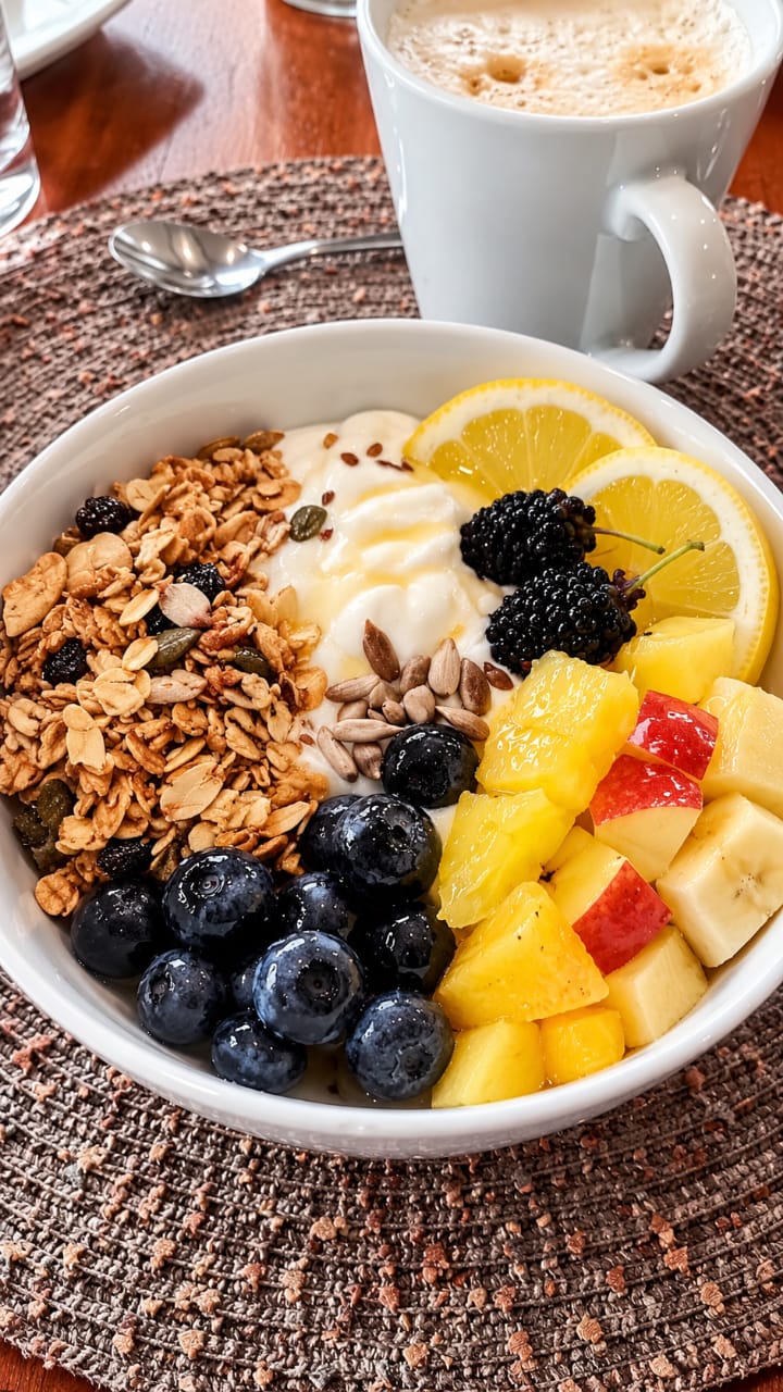 Fruit, yoghurt and granola with a cup of coffee