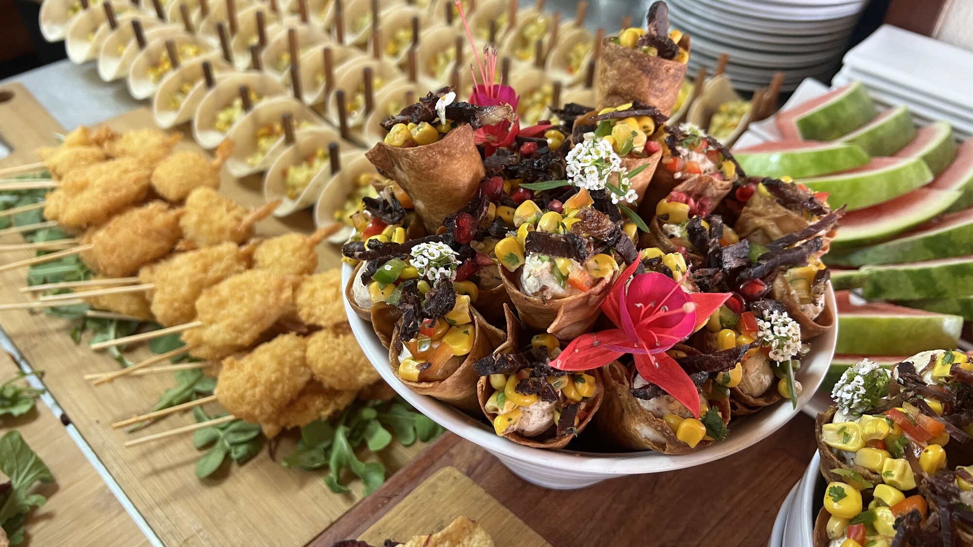Event buffet with savoury bites and fresh fruit