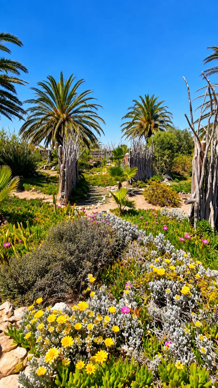 Yellow and white flowers among palms in the Desert Breeze garden