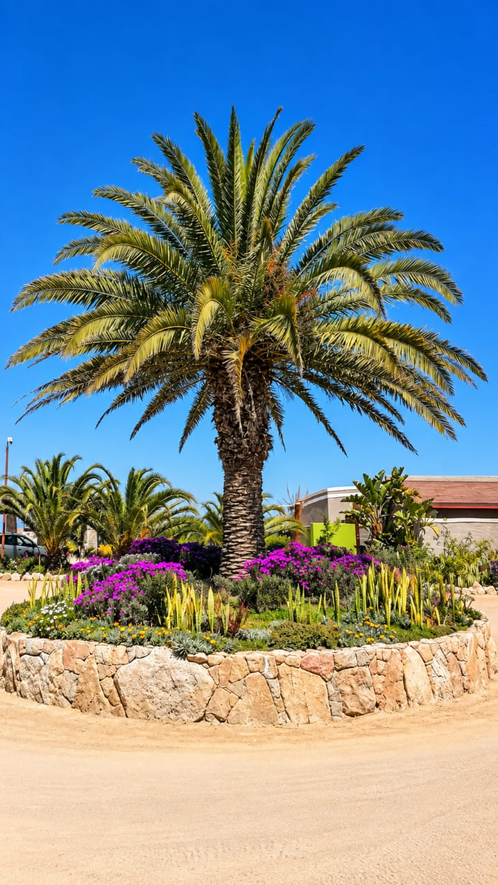 Tall palm above colourful flower beds in the Desert Breeze garden