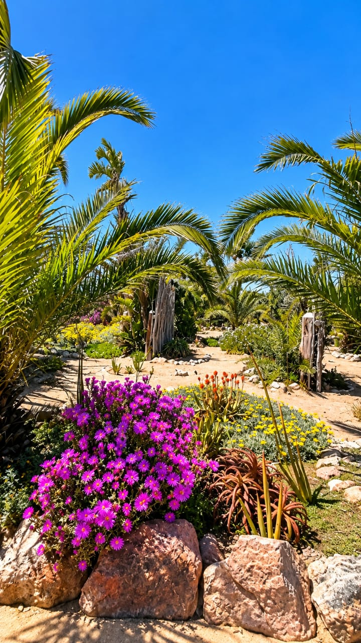 Purple flowers and palms beside a path in the Desert Breeze garden