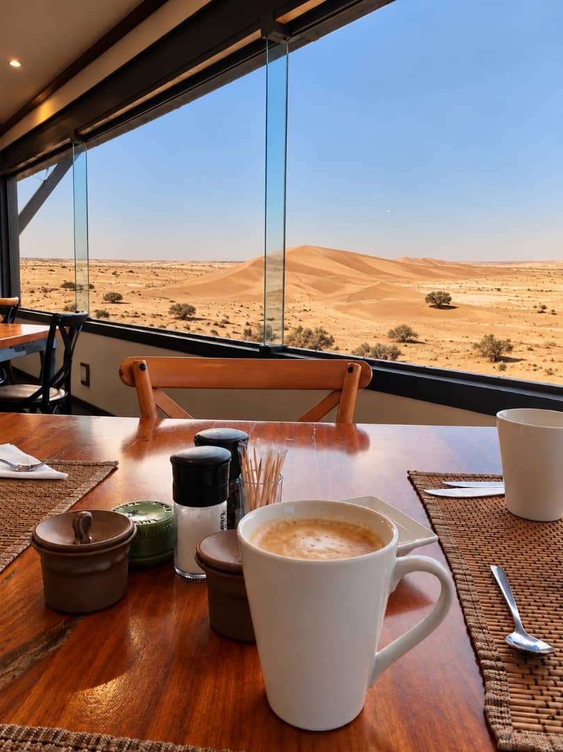 Breakfast coffee overlooking the Namib dunes